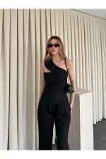 Siyah Tek Omuz Tasarım Yaka Bluz Pantolon Takım - 8003