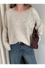 Bej Taş İşlemeli Kayık Yaka Kazak - 251189