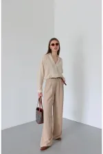 Pantalon beige en maille avec ceinture - 51150