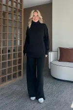 Ensemble pull à col roulé noir en maille côtelée - 4671