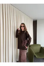 Kahverengi Saten Dantelli Etek - 37206