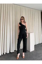 Siyah Tek Omuz Tasarım Yaka Bluz Pantolon Takım - 8003