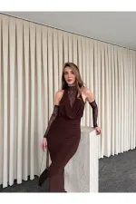 Kahverengi Degaje Yaka Dantel Eldivenli Elbise - 20117