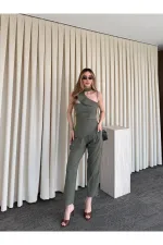 Haki Tek Omuz Tasarım Yaka Bluz Pantolon Takım - 8003