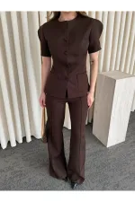 Kahverengi Balon Kol Düğmeli Ceket Pantolon Takım - 0440