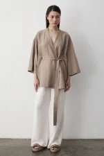 Sütlü Kahve Iç Kemerli Fakir Kol Kimono - 5383