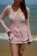 Ensemble cardigan et jupe à boutons en perles roses - 7221