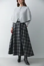 Anthracite Grey Plaid Skirt with Leather Trim - 4977 Anthracite Grey Plaid Skirt with Leather Trim - 4977