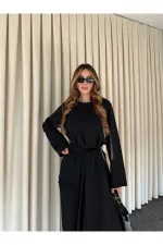 Siyah Kuşaklı Dantel Detaylı Bluz Pantolon Takım - 8006