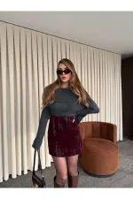 Navy Blue and Burgundy Flocked Print Skirt - 261002 Navy Blue and Burgundy Flocked Print Skirt - 261002