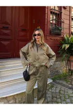 Haki Bomber Saten Ceket Pantolon Takım - 9663 - 51229