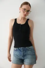 Black Front Buttoned Tank Top - 251001