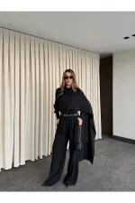 Siyah Kemerli Şal Yaka Gömlek Pantolon Takım - 8004