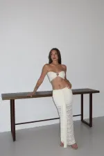 Beyaz Dantel Detaylı Crop Takım