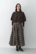 Brown Plaid Skirt with Leather Trim - 4977