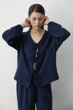 Navy Blue 100% Cotton Tie-Up Blouse and Pants Set