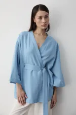 Mavi Yarım Kol İçten Kemerli Kimono - 5383