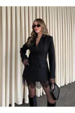 Siyah Eteği Manşeti Dantelli Ceket - 2861