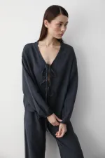 Antrasit %100 Pamuk Bağlamalı Bluz Pantolon Takım