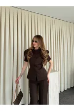 Kahverengi Balon Kol Düğmeli Ceket Pantolon Takım - 0440