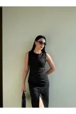 Siyah Düğmeli Kemerli Gabardin Elbise - 5002