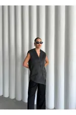 Antrasit Venedik Çapraz Düğmeli Yelek