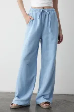 Pantalon bleu en coton et lin avec taille élastiquée