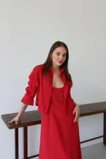 Kırmızı Modal Gömlek Elbise Takım