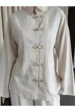 Natural Nakış Düğmeli Kimono Takım - 60624