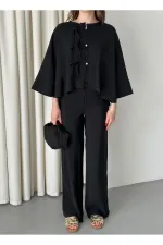 Black Batwing Sleeve Set with Lace-up Button Detail