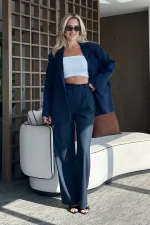 Pantalon bleu marine Idole avec ceinture - 3510