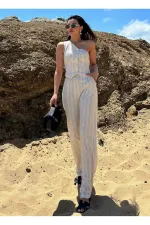 Natural Black Striped One-Shoulder Vest and Trousers Set Natural Black Striped One-Shoulder Vest and Trousers Set