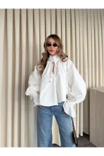 Beyaz Yakası Bağlamalı Kolları Tasarım Gömlek - 112254