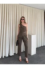 Sütlü Kahve Tek Omuz Tasarım Yaka Bluz Pantolon Takım - 8003