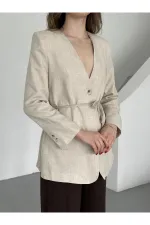 Bej %100 Pamuk İp Kemerli Ceket