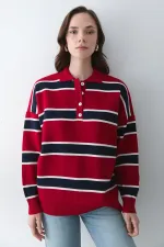 Kırmızı Lacivert Polo Yaka Şeritli Kazak - 251129