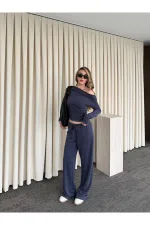 İndigo Kayık Yaka Modal İkili Takım - 7323