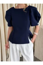 Lacivert Kolu İnci Fiyonk Detaylı Bluz - 5001