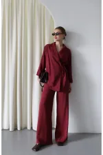 Burgundy Kimono Set with Collar Detail and Tie-Up - 8459 Burgundy Kimono Set with Collar Detail and Tie-Up - 8459
