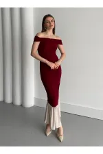 Bordo Kayık Yaka Fırfırlı Elbise - 4798