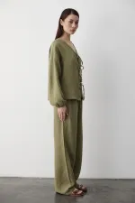 Haki %100 Pamuk Bağlamalı Bluz Pantolon Takım