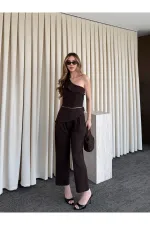 Acı Kahve Tek Omuz Tasarım Yaka Bluz Pantolon Takım - 8003