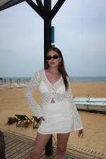 Ensemble cardigan et jupe écru à boutons nacrés - 7221