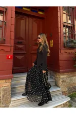 Black Chiffon Polka Dot Long Skirt - 2506