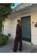 Kahverengi Taşlı Bluz Pantolon Takım - 0766