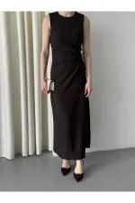 Kahverengi Gold Tokalı Elbise