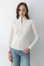 Krem Çıtçıtlı Boğazlı Kazak - 251037