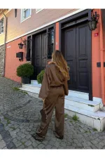 Kahverengi Bomber Saten Ceket Pantolon Takım - 9663 - 51229