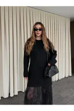 Siyah Tül Detaylı Uzun Triko Elbise - 251009