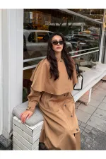 Camel Çıkarılabilir Kapüşon Detaylı Pelerinli Trençkot - 85179
